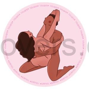 Ilustração da posição sexual Tulipa com parceiro ajoelhado segurando a parceira de frente, com as pernas apoiadas sobre seus ombros.