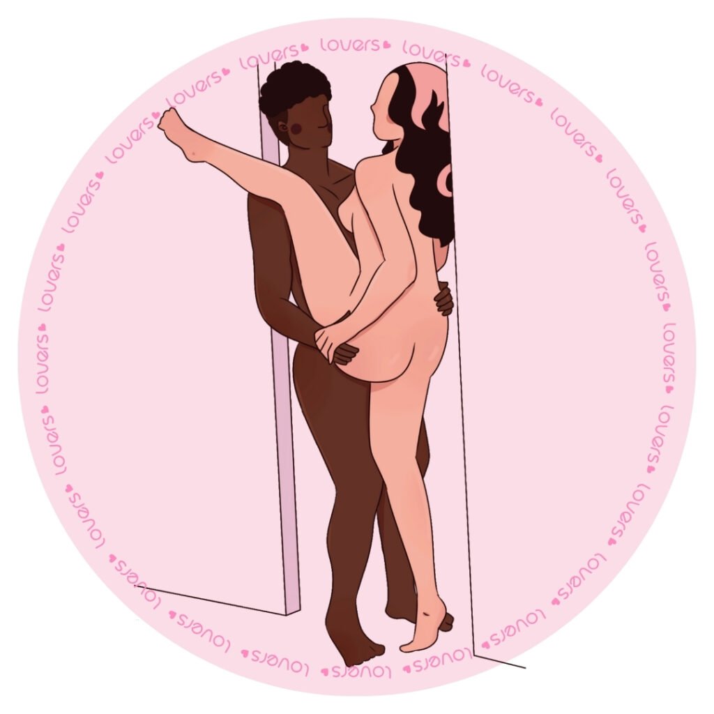 Ilustração da posição sexual Sem Hora, Nem Lugar com casal em pé entre o vão da porta, frente a frente, enquanto a mulher mantém uma perna estendida para cima.