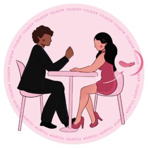 Ilustração da posição sexual Hoje Vou Ser Seu Jantar com duas pessoas sentadas à mesa enquanto parceiro segura o controle do vibrador da parceira.