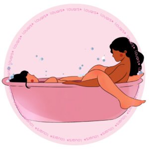 Ilustração da posição sexual Borbulha. Há duas pessoas em uma banheira sentadas, uma de frente para a outra, uma mais deitada e a outra mais ereta.