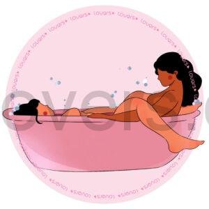 Ilustração da posição sexual Borbulha. Há duas pessoas em uma banheira sentadas, uma de frente para a outra, uma mais deitada e a outra mais ereta.
