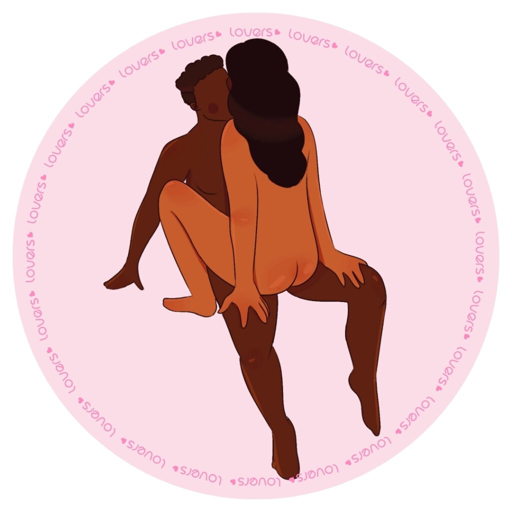 Ilustração da posição sexual Cadeira com parceiro sentado na beira da cama enquanto a outra pessoa se senta de frente, com mãos apoiadas em seus joelhos.