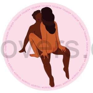 Ilustração da posição sexual Cadeira com parceiro sentado na beira da cama enquanto a outra pessoa se senta de frente, com mãos apoiadas em seus joelhos.