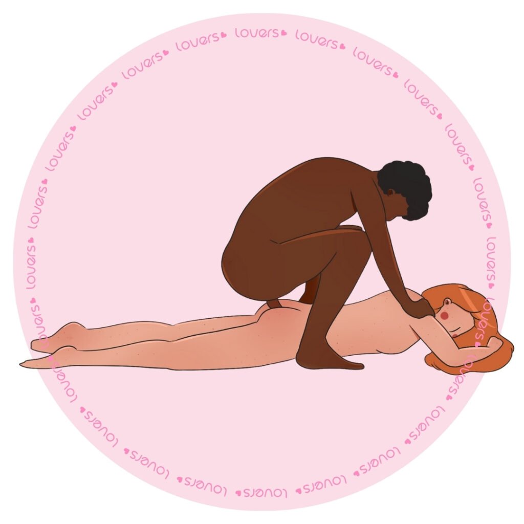 Ilustração da posição sexual Traseira com pessoa deitada de bruços e parceiro agachado realizando penetração por trás.
