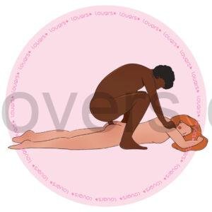 Ilustração da posição sexual Traseira com pessoa deitada de bruços e parceiro agachado realizando penetração por trás.