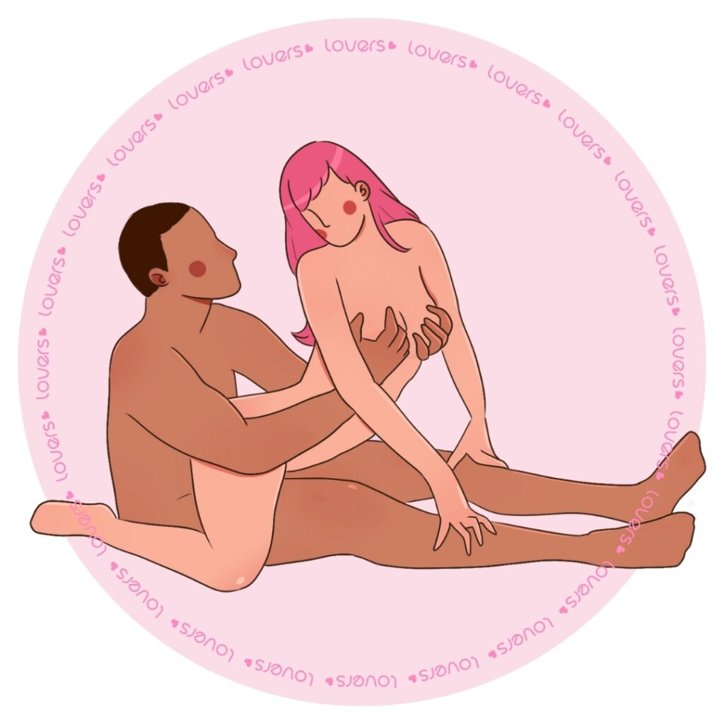 lustração da posição sexual Sentada Reversa com pessoa sentada no chão e pernas estendidas enquanto parceira senta de costas apoiando as mãos nos joelhos.