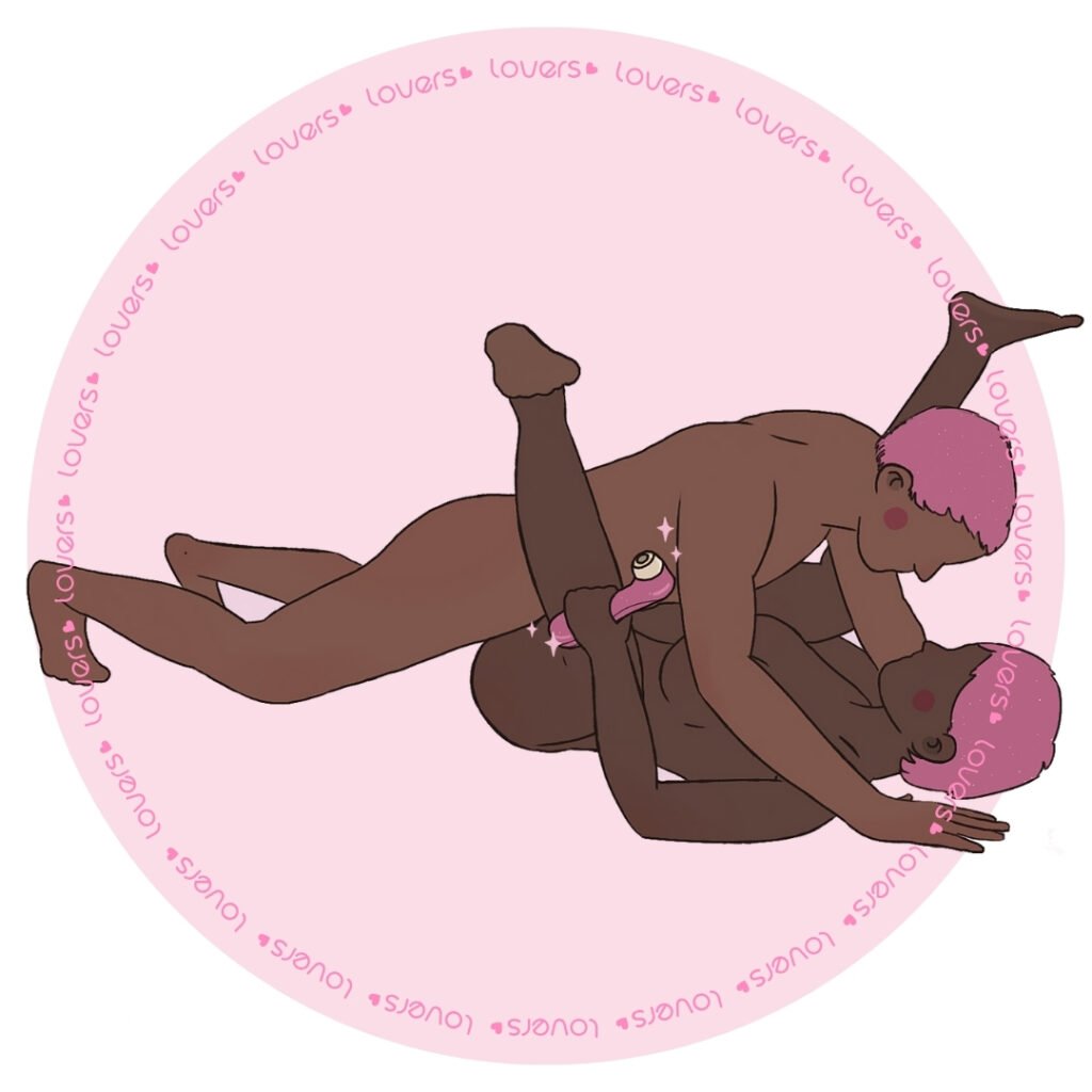 Ilustração da posição sexual Frango Assado com mulher deitada e pernas elevadas enquanto parceiro se posiciona entre elas.