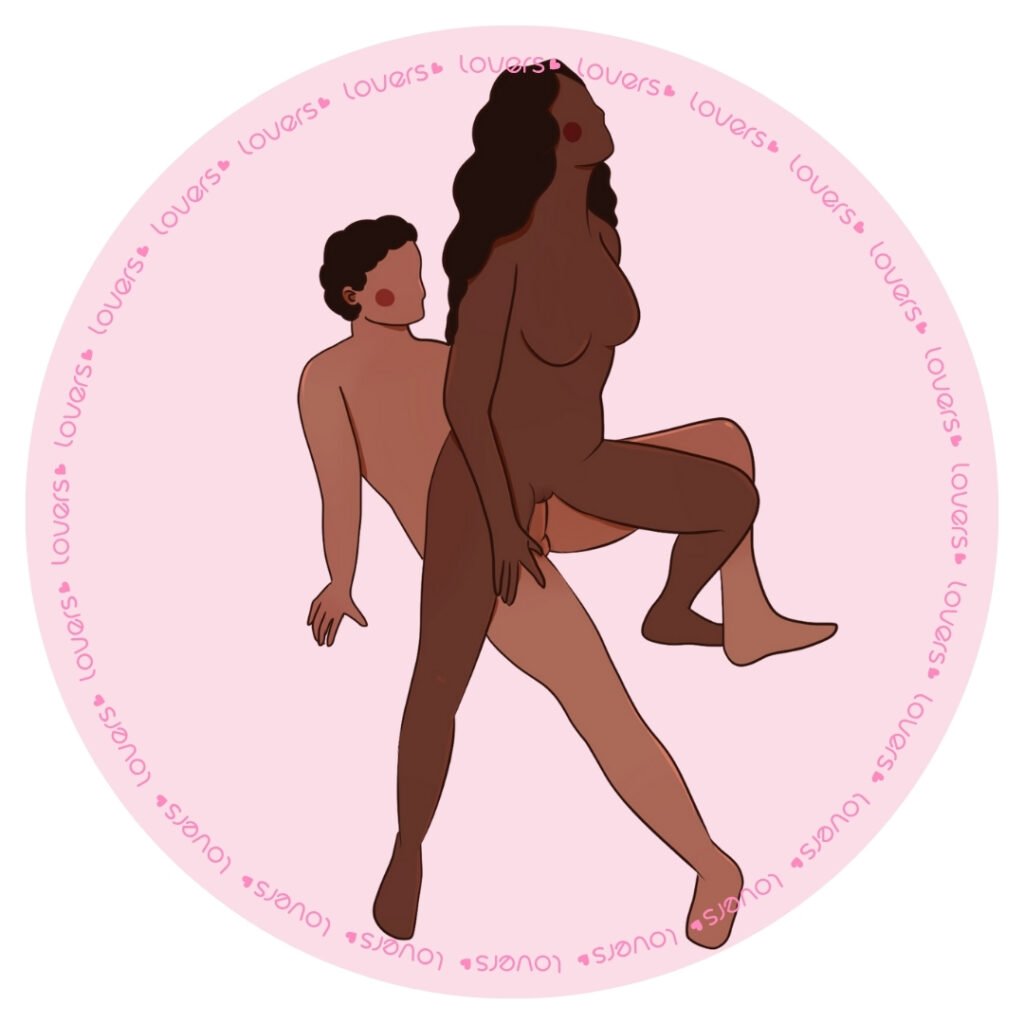 Ilustração da posição sexual Mantenha a Postura com parceiro sentado enquanto a outra pessoa se posiciona de costas, ambos com um pé na cadeira e outro no chão.