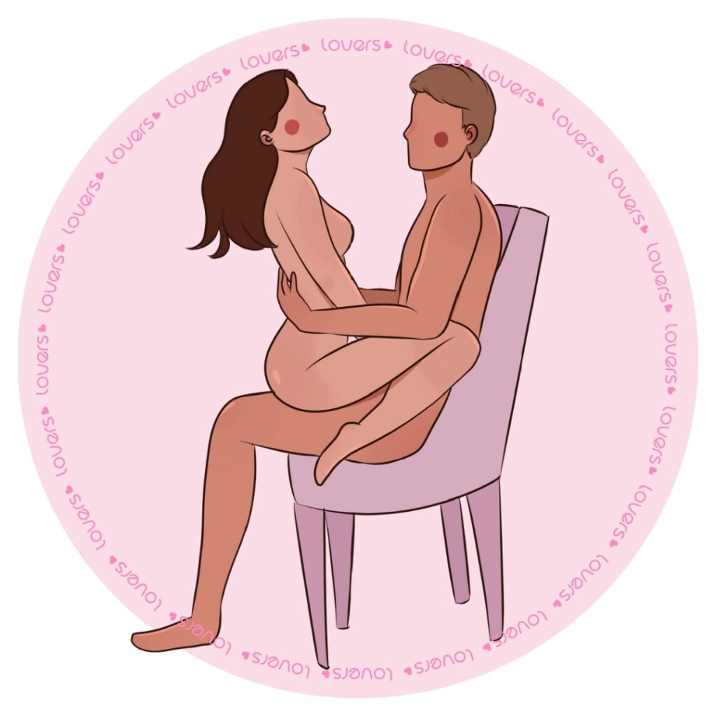 Ilustração da posição sexual Sala de Espera com parceiro sentado na cadeira enquanto a outra pessoa se posiciona sentada de frente, cara a cara.