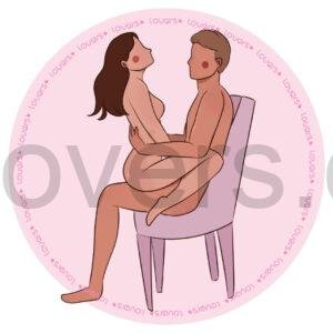 Ilustração da posição sexual Sala de Espera com parceiro sentado na cadeira enquanto a outra pessoa se posiciona sentada de frente, cara a cara.