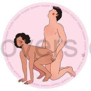 Ilustração da posição sexual Valendo com homem ajoelhado e outra pessoa encaixada à frente, joelhos flexionados e mãos apoiadas no chão.