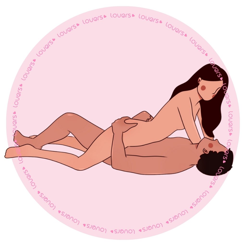 Ilustração da posição sexual Rebola com homem deitado e um joelho flexionado, enquanto mulher está por cima com mãos apoiadas na cama.