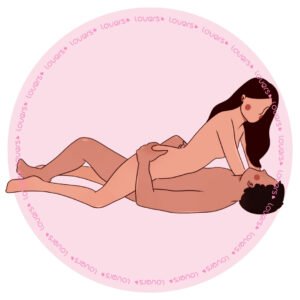 Ilustração da posição sexual Rebola com homem deitado e um joelho flexionado, enquanto mulher está por cima com mãos apoiadas na cama.