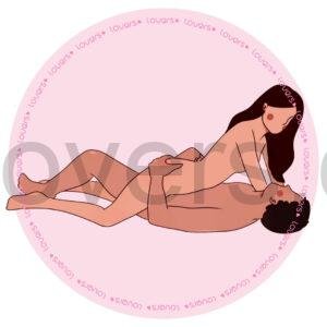 Ilustração da posição sexual Rebola com homem deitado e um joelho flexionado, enquanto mulher está por cima com mãos apoiadas na cama.