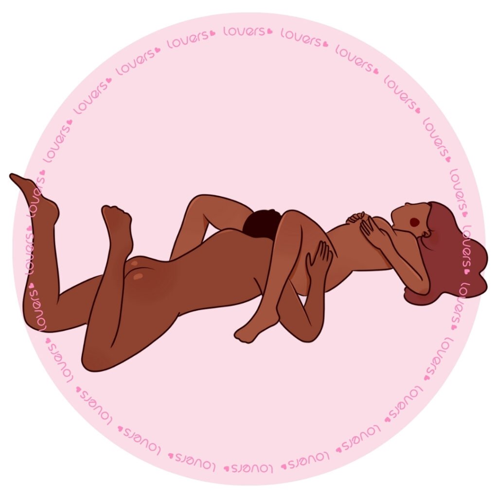 Ilustração da posição sexual Imersão com mulher deitada de barriga para cima e joelhos flexionados enquanto parceiro realiza estímulo oral.