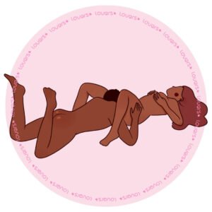 Ilustração da posição sexual Imersão com mulher deitada de barriga para cima e joelhos flexionados enquanto parceiro realiza estímulo oral.