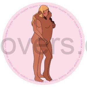Ilustração da posição sexual Arrepio com duas pessoas em pé, uma abraçando a outra por trás enquanto realiza estímulo manual e beija sua orelha.
