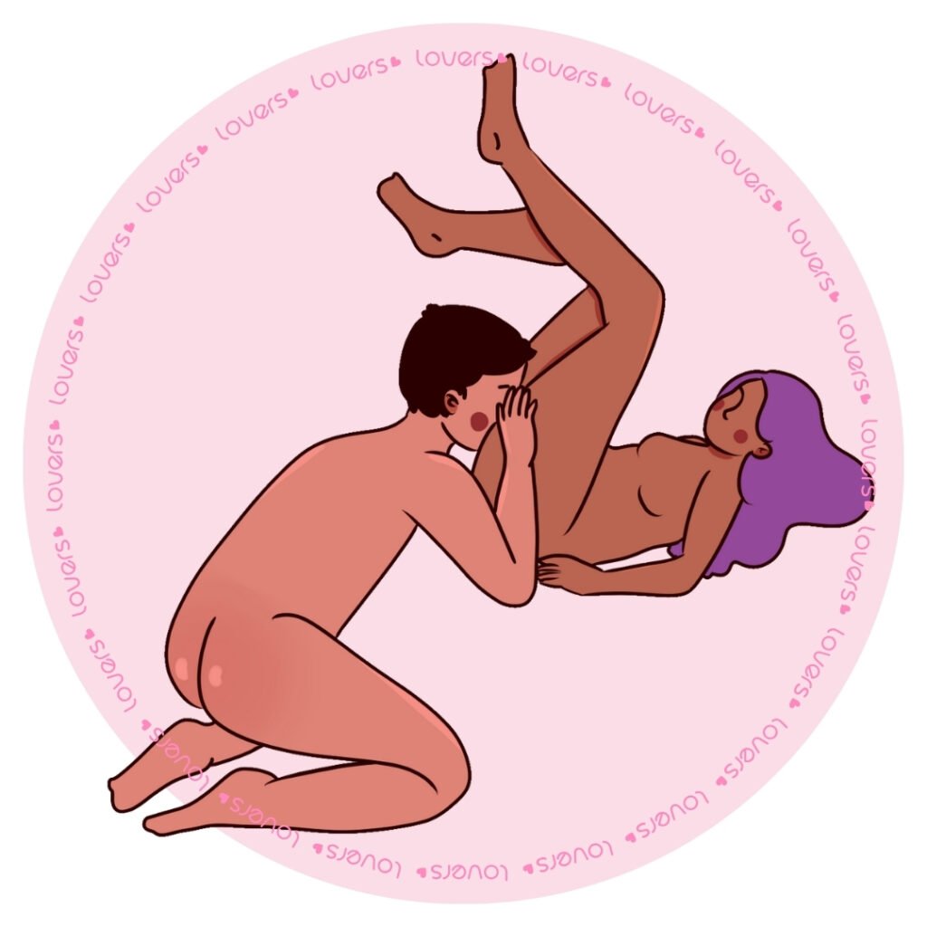 Ilustração da posição sexual Veneração com mulher deitada na beira da cama e pernas elevadas enquanto parceiro ajoelhado realiza estímulo oral.