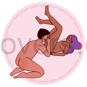 Ilustração da posição sexual Veneração com mulher deitada na beira da cama e pernas elevadas enquanto parceiro ajoelhado realiza estímulo oral.