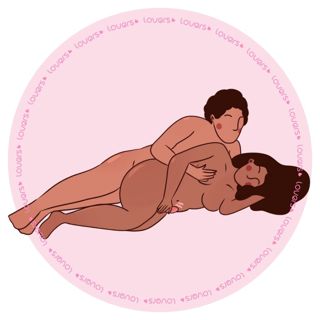 Ilustração de posição sexual lateral com casal deitado de lado, homem por trás e mulher usando vibrador.