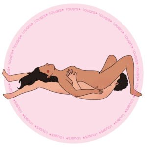 Ilustração da posição sexual 68 com uma pessoa deitada realizando estímulo oral enquanto a outra se posiciona por cima com o corpo voltado para cima.