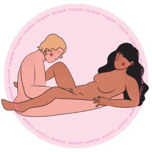 Ilustração da posição sexual Tantra com parceiro sentado e pernas abertas enquanto a outra pessoa está deitada à frente recebendo estímulo manual.