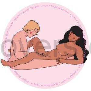 Ilustração da posição sexual Tantra com parceiro sentado e pernas abertas enquanto a outra pessoa está deitada à frente recebendo estímulo manual.