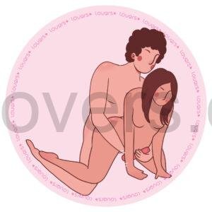 Ilustração da posição sexual Vai Aguentar com mulher de quatro enquanto parceiro ajoelhado por trás utiliza vibrador tipo varinha mágica.
