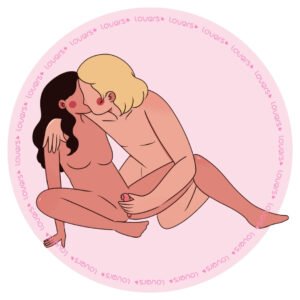 Ilustração da posição sexual Toque com mulher sentada e pernas semi-flexionadas enquanto outra pessoa ajoelhada ao lado utiliza vibrador e a beija.