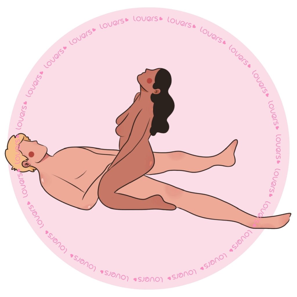 Ilustração da posição sexual Senta Firme com parceiro deitado de pernas abertas enquanto a outra pessoa ajoelhada se posiciona por cima.