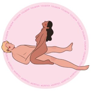 Ilustração da posição sexual Senta Firme com parceiro deitado de pernas abertas enquanto a outra pessoa ajoelhada se posiciona por cima.