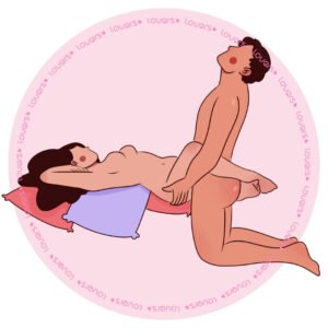 Ilustração da posição sexual Tesoura Aberta com mulher reclinada sobre almofadas enquanto parceiro ajoelhado à frente é envolvido por suas pernas.