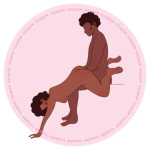 Ilustração da posição sexual Carrinho de Mão com parceiro sentado na beira da cama enquanto a outra pessoa, de costas, apoia as mãos no chão e as pernas sobre ele.