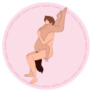 Ilustração da posição sexual 69 Vertical com parceiro sentado sustentando a parceira invertida no colo enquanto ambos realizam estímulo oral simultâneo.