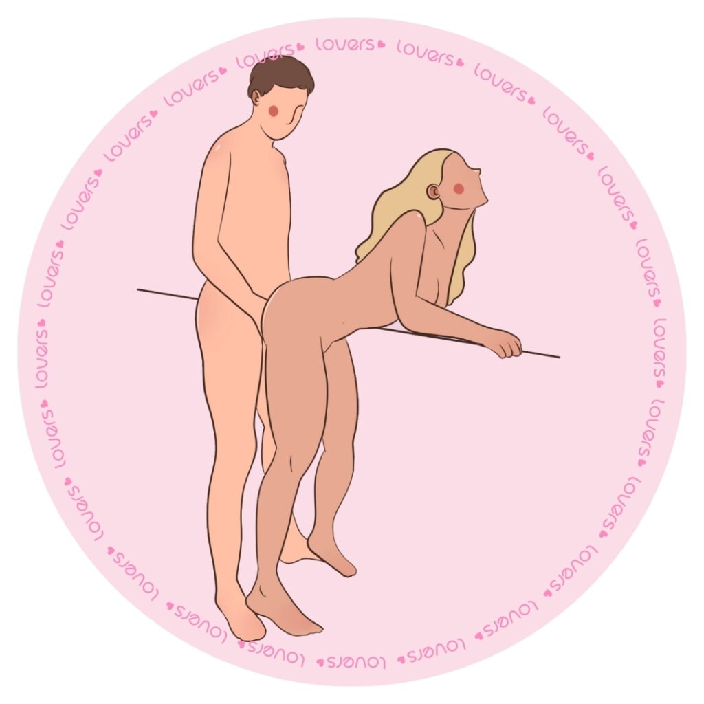 Ilustração da posição sexual Com Apoio com mulher debruçada sobre superfície e pés no chão enquanto parceiro em pé realiza penetração por trás.