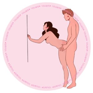 Ilustração da posição sexual Paredão com mulher inclinada para frente apoiada na parede enquanto parceiro está por trás segurando sua nádega.