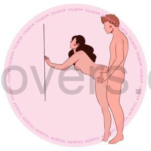Ilustração da posição sexual Paredão com mulher inclinada para frente apoiada na parede enquanto parceiro está por trás segurando sua nádega.