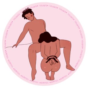 Ilustração da posição sexual De Joelhos com homem deitado na beira da cama enquanto parceira ajoelhada à frente, com braços presos, realiza estímulo oral.