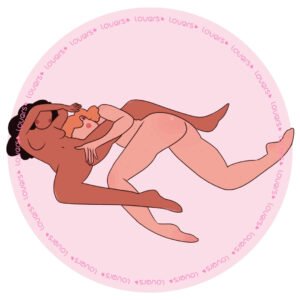 Ilustração da posição sexual A Melhor DJ a mulher está deitada com as penas abertas, enquanto a pessoa que está ao seu lado masturbar ela.