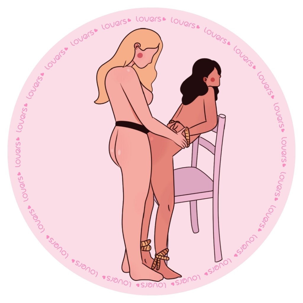 lustração da posição sexual Botadona com mulher apoiada na cadeira de costas enquanto outra pessoa por trás utiliza cinta.