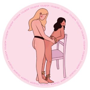 lustração da posição sexual Botadona com mulher apoiada na cadeira de costas enquanto outra pessoa por trás utiliza cinta.