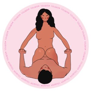 Ilustração da posição sexual Vaqueira com homem deitado e mulher sentada sobre ele, pés apoiados no chão e mãos segurando seus braços erguidos.