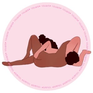 Ilustração da posição sexual 69 Lateral com duas pessoas deitadas de lado em sentidos opostos, com o rosto voltado para a região íntima uma da outra.