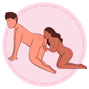 Ilustração da posição sexual Folhinha Verde com parceiro de quatro enquanto a outra pessoa ajoelhada atrás realiza estímulo oral e manual.