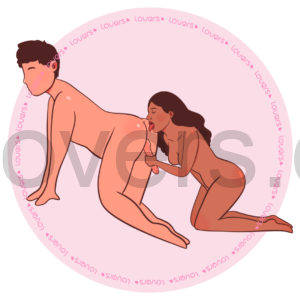 Ilustração da posição sexual Folhinha Verde com parceiro de quatro enquanto a outra pessoa ajoelhada atrás realiza estímulo oral e manual.