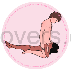 Ilustração da posição sexual No Controle com mulher deitada enquanto parceiro ajoelhado sobre ela recebe sexo oral.