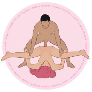 Ilustração da posição sexual Metida Flexível com pessoa deitada, pélvis elevada e pernas abertas enquanto parceira em pé se apoia em suas pernas.
