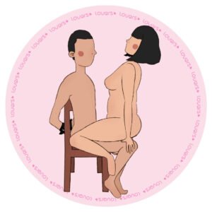 Ilustração da posição sexual Enlaçamento com parceiro sentado na cadeira e mãos presas para trás enquanto a outra pessoa se posiciona sentada de frente sobre ele.