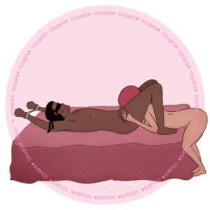 Ilustração da posição sexual Afundo com parceiro deitado e pulsos algemados enquanto outra pessoa reclinada sobre ele realiza estímulo oral.