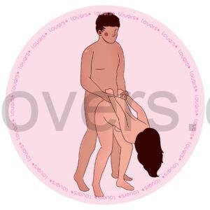 Ilustração da posição sexual De Quatro Presa: a mulher está em pé, com o tronco inclinado para frente e os braços puxados para trás, enquanto a pessoa que penetra fica atrás, segurando os braços dela durante a penetração. A cena mostra uma pegada dominante, com ambos em pé, em um ambiente discreto e sem nudez explícita.